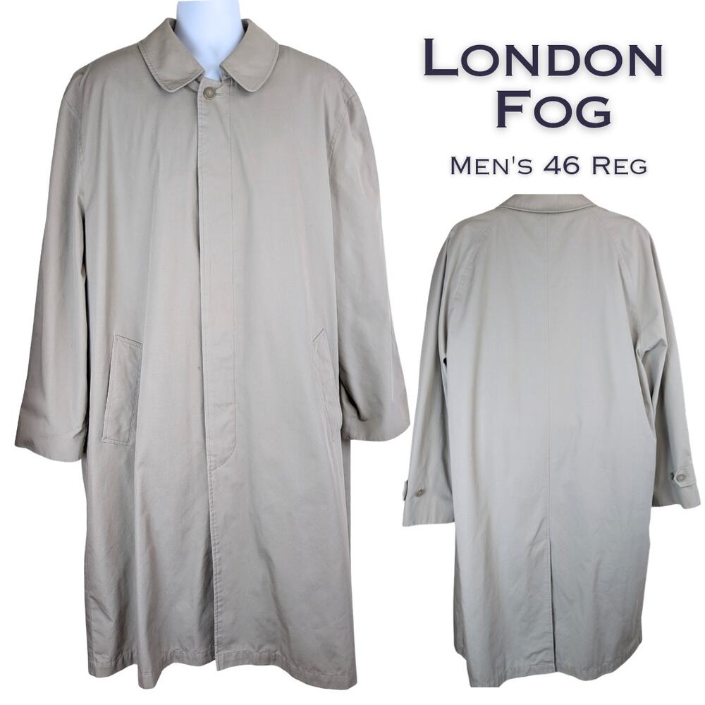 London Fog Mens Trenchcoat VTG 46 Khaki Beige Classic Raincoat Zip Lining